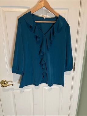 SHEwin  Teal Ruffle V-Neck Blouse with 3/4 Sleeves